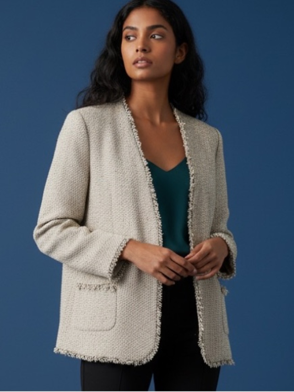 ❤️ Ann Taylor Bouclé Fringe Open Front Tweed Blazer
